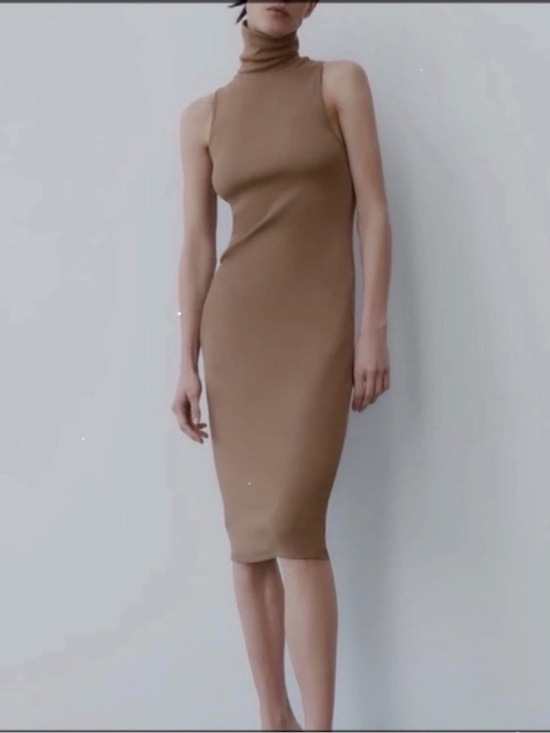 Zara Dresses & Skirts - Zara Mocha Brown Ribbed Midi turtleneck Bodycon dress s L